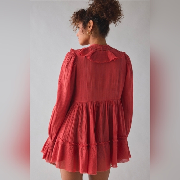 Kimchi Blue Lace Trim Ruffled Babydoll Tunic Blouse Rust Red - Picture 2 of 5